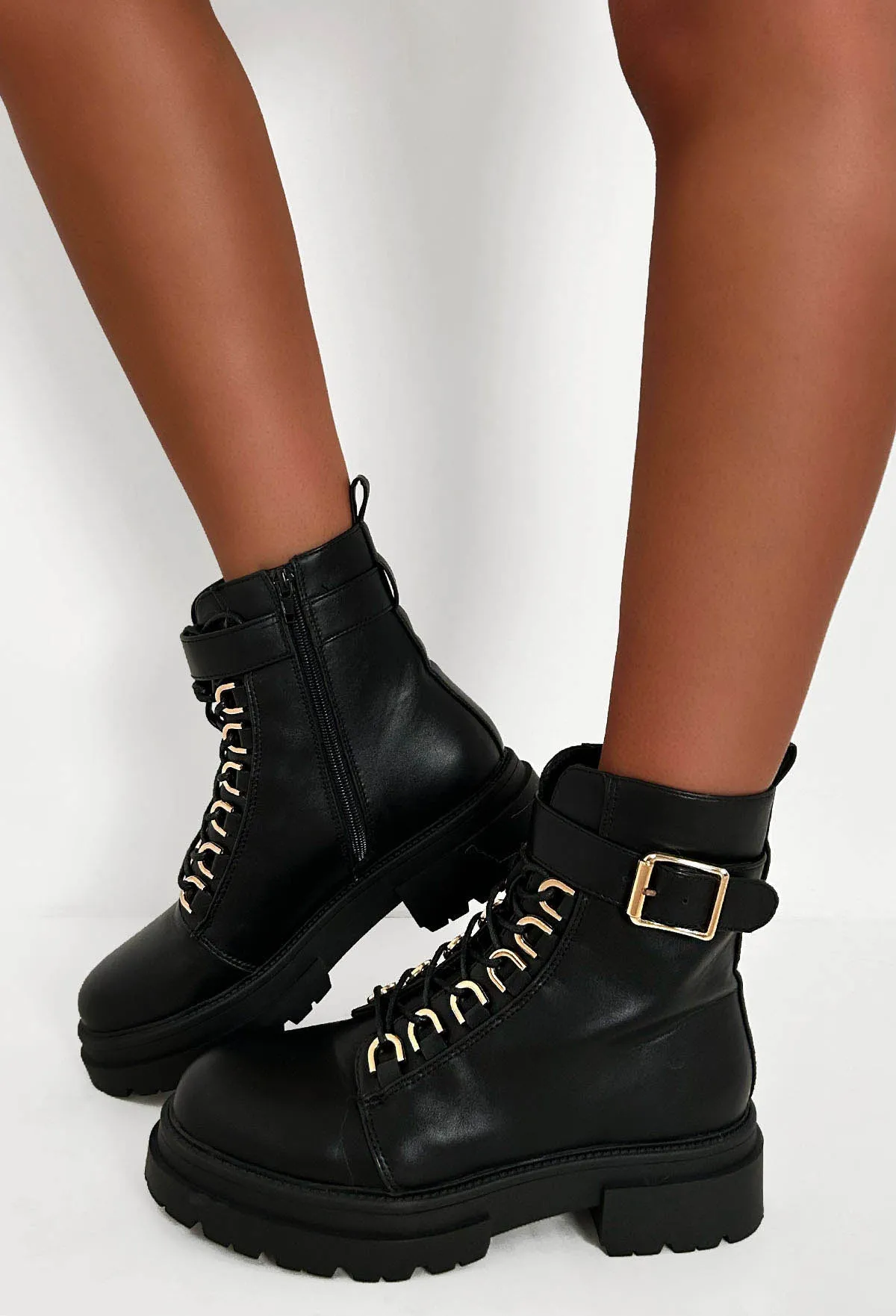 Never Settle Black Gold Buckle Biker Boots