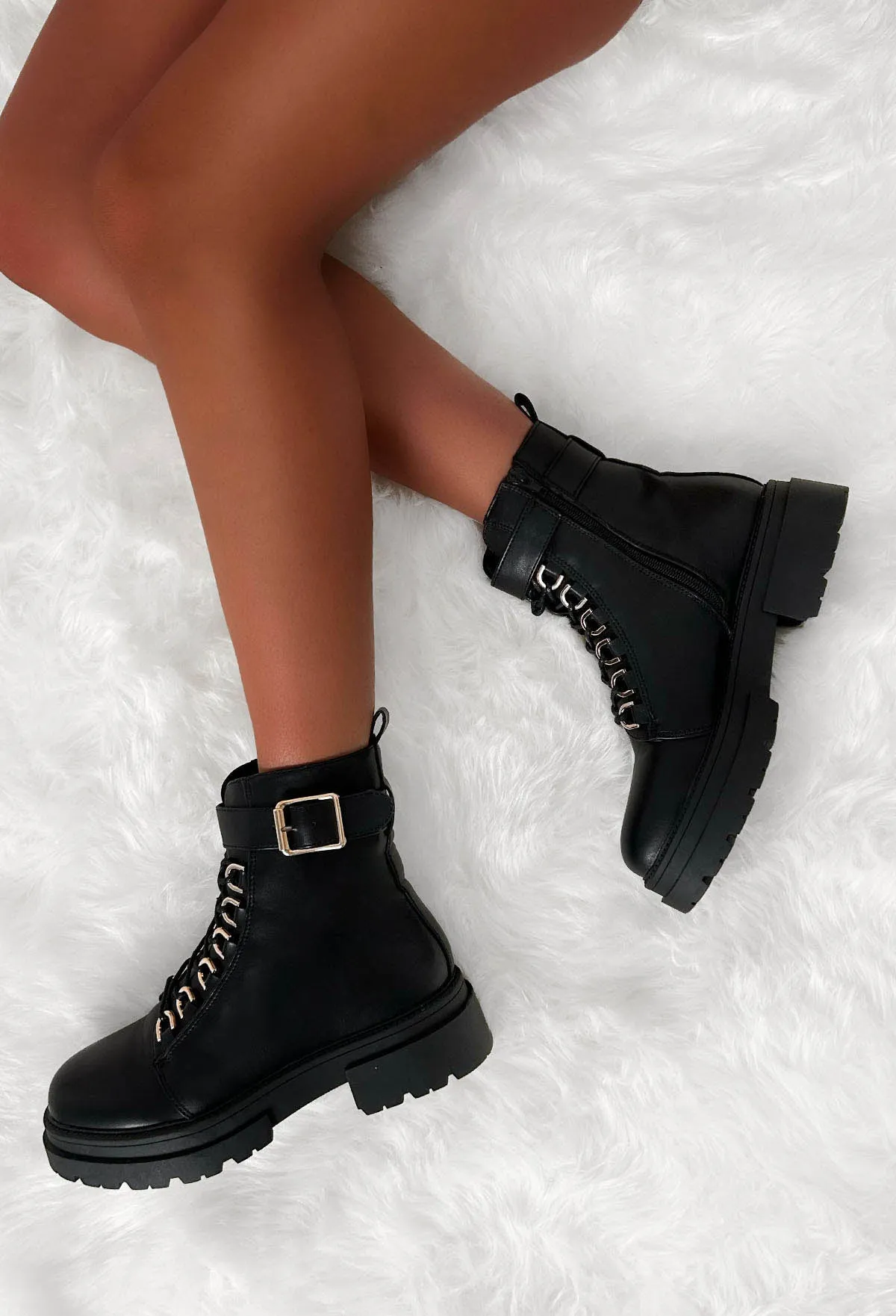 Never Settle Black Gold Buckle Biker Boots