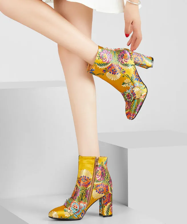 New Yellow Embroidered Zippered Cotton Chunky Ankle Boots RT1061