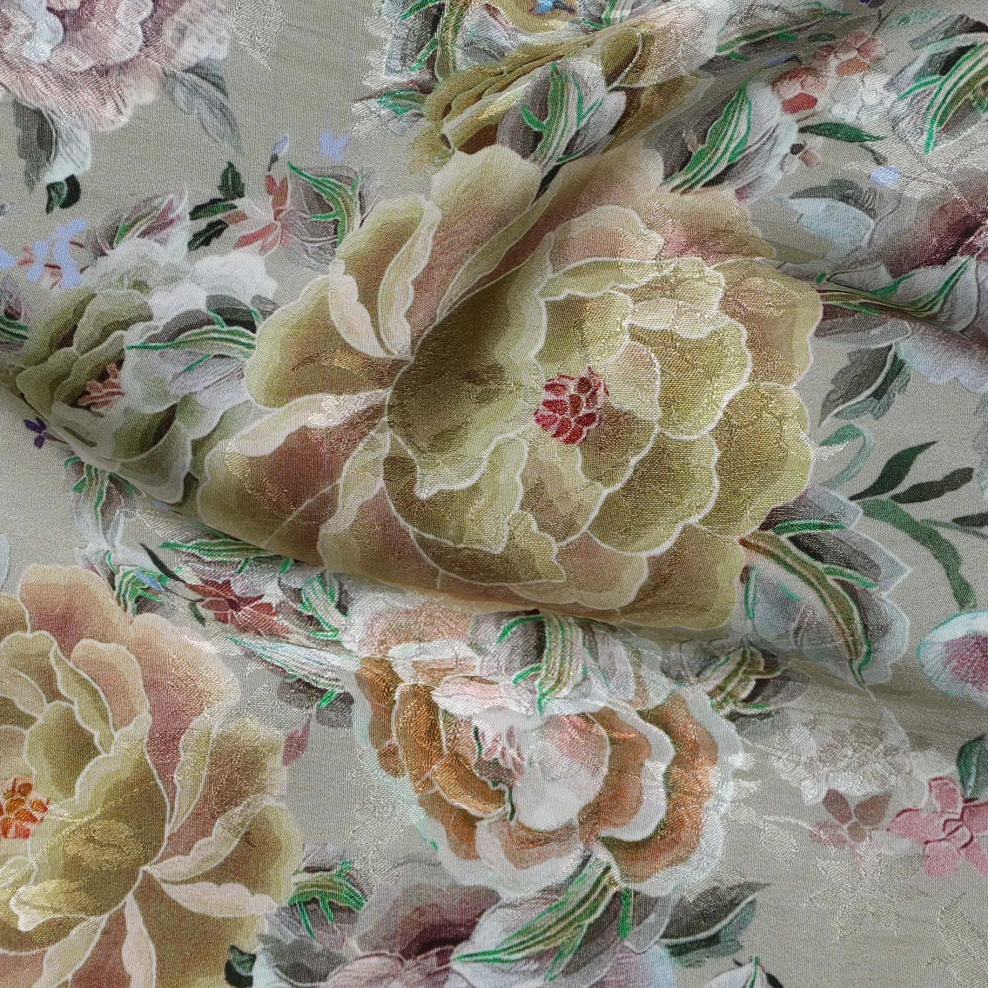 Sage Green Indian Viscose Modal Satin Fabric, Large Floral Print, 110 cm Width-D20935