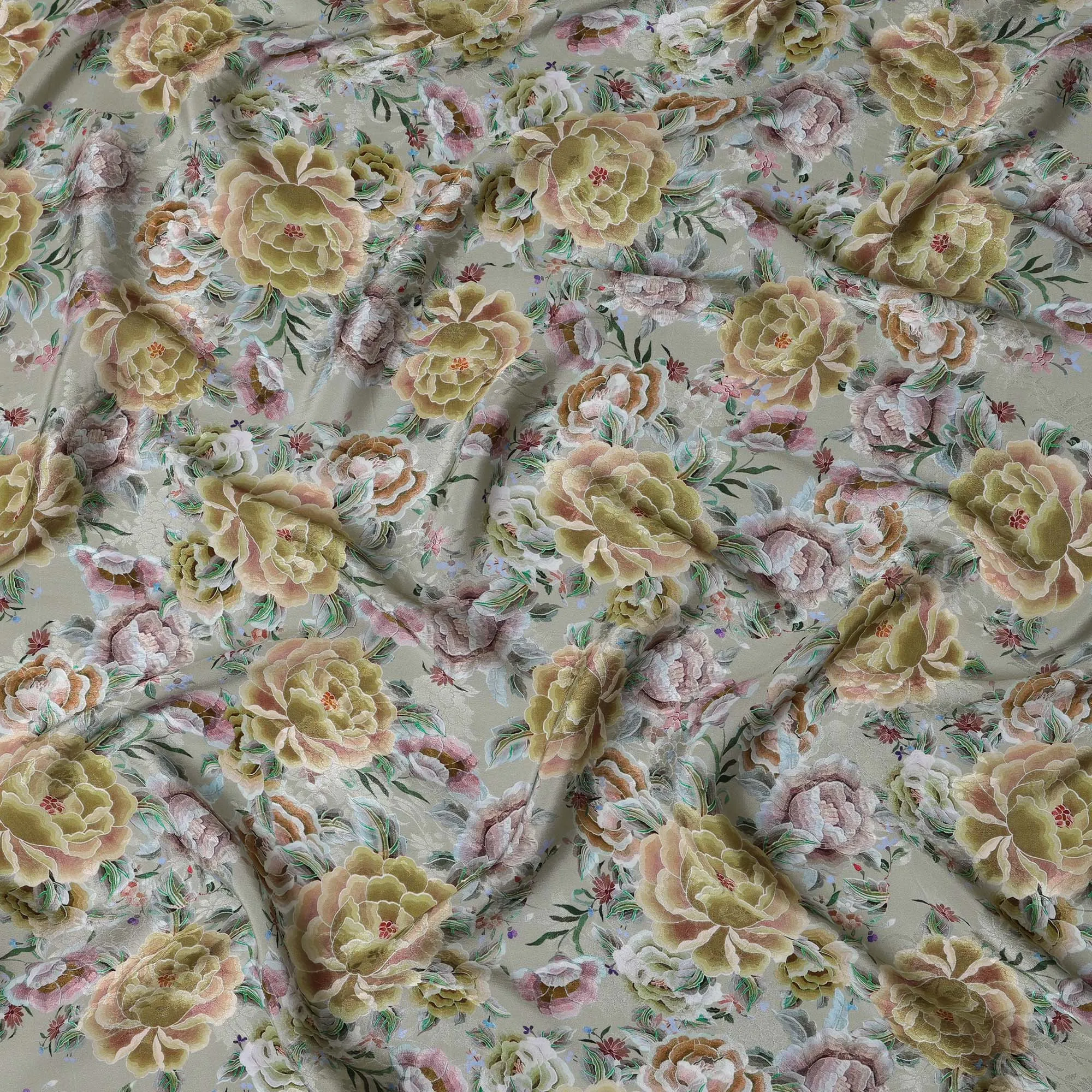 Sage Green Indian Viscose Modal Satin Fabric, Large Floral Print, 110 cm Width-D20935