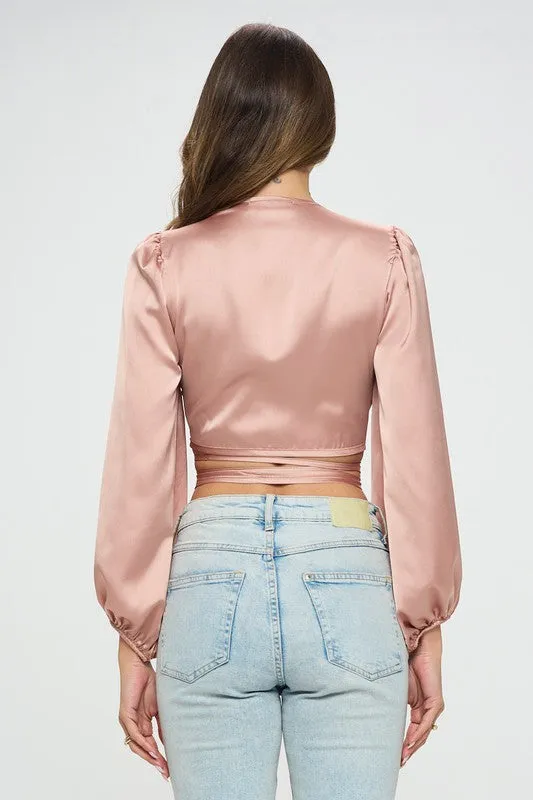 Silky Satin Wrap Crop Top with Tie