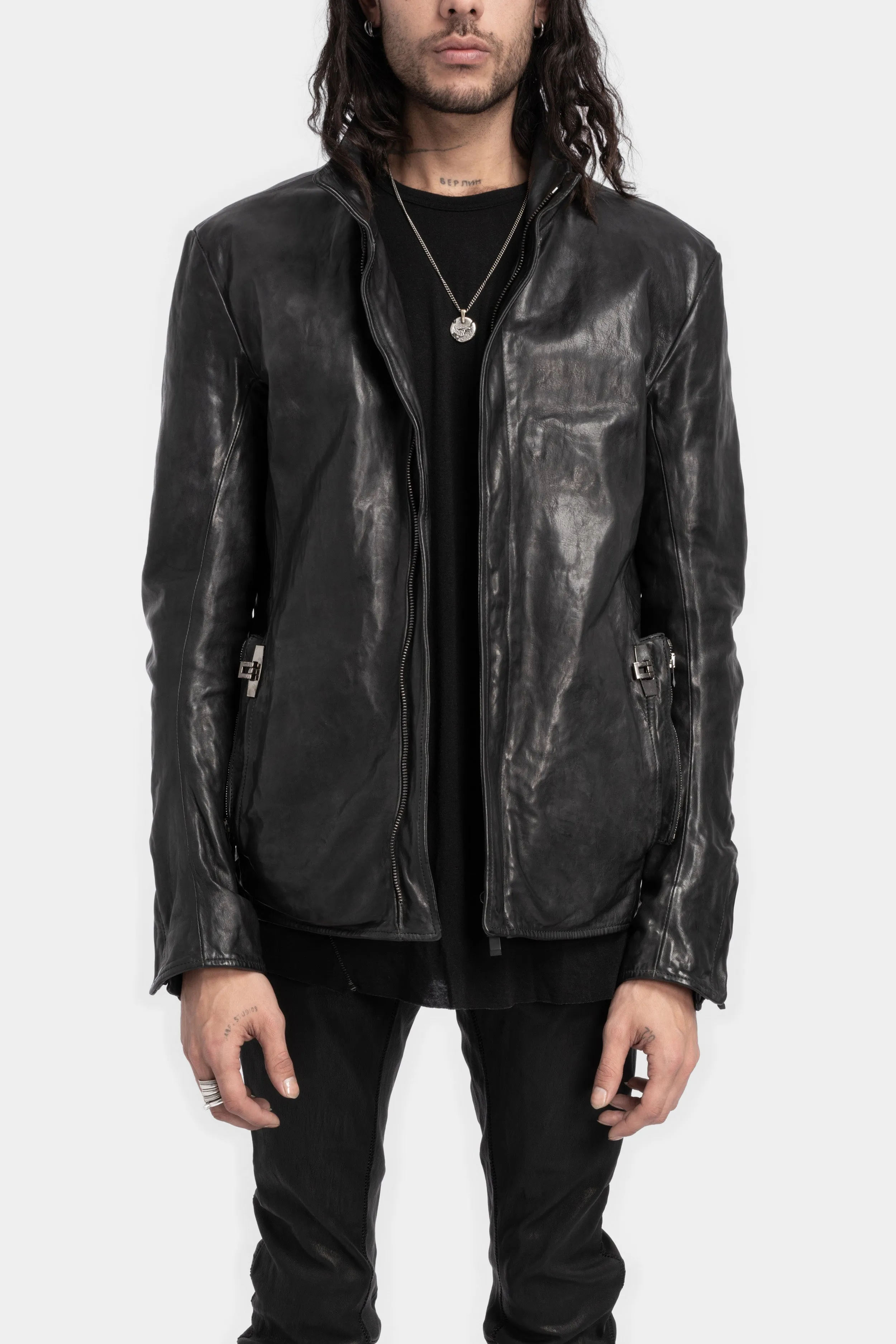 Standing collar double pocket leather jacket