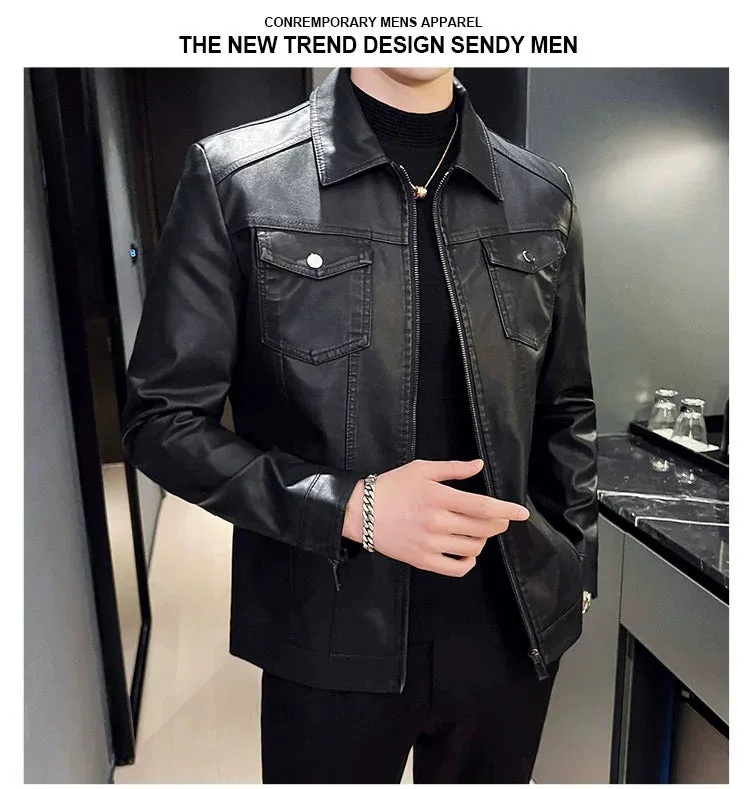 Thin Slim Leather Jacket Men's Lapel Leather Jacket Trendy Casual Classy Handsome Autumn and Winter Fleece-lined Motorcycle Jacket Men