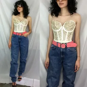 Vintage 80s | Michael Morrison Rhinestone Bustier Corset Bralette Selena | 34C