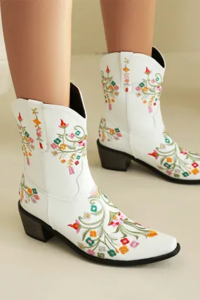 White Embroidered Chunky Heel Boots