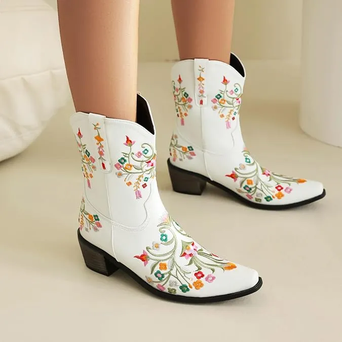 White Embroidered Chunky Heel Boots