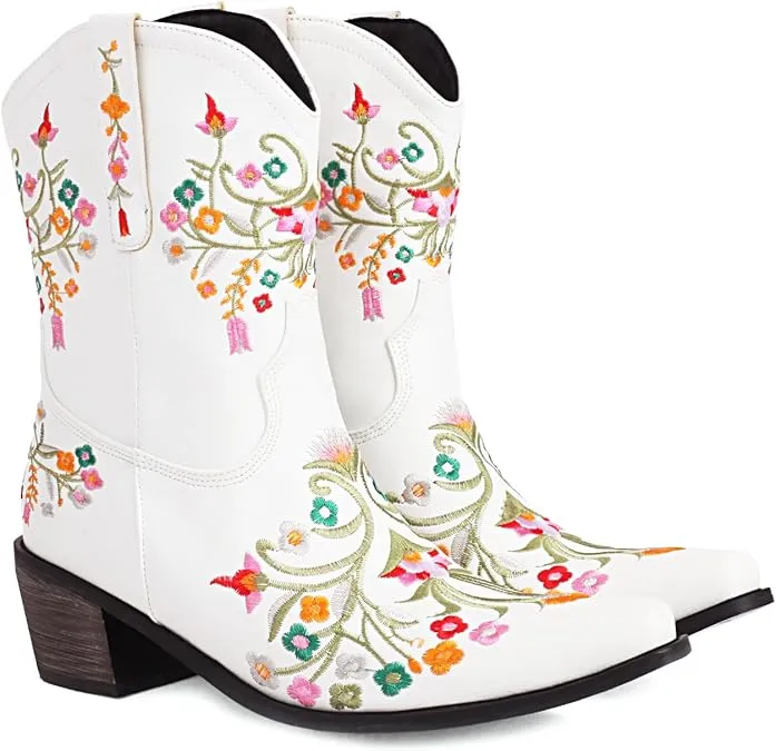 White Embroidered Chunky Heel Boots