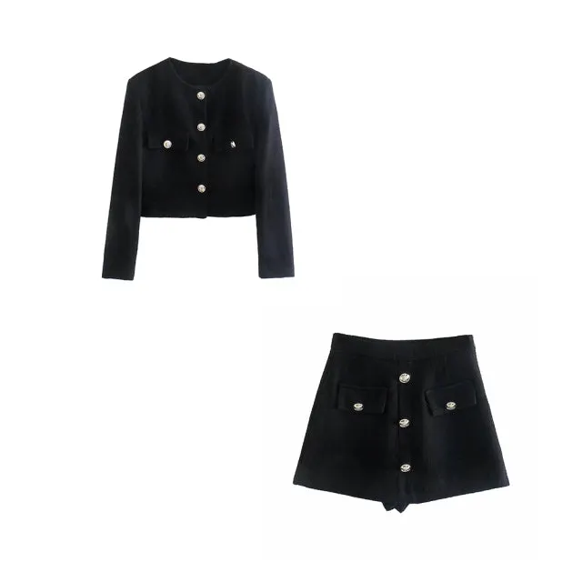 Wjczt 2024 Tweed Women Two-piece Set Black Vintage Office Lady Single Breasted Blazer Female Casual Slim High Waist Shorts Suit