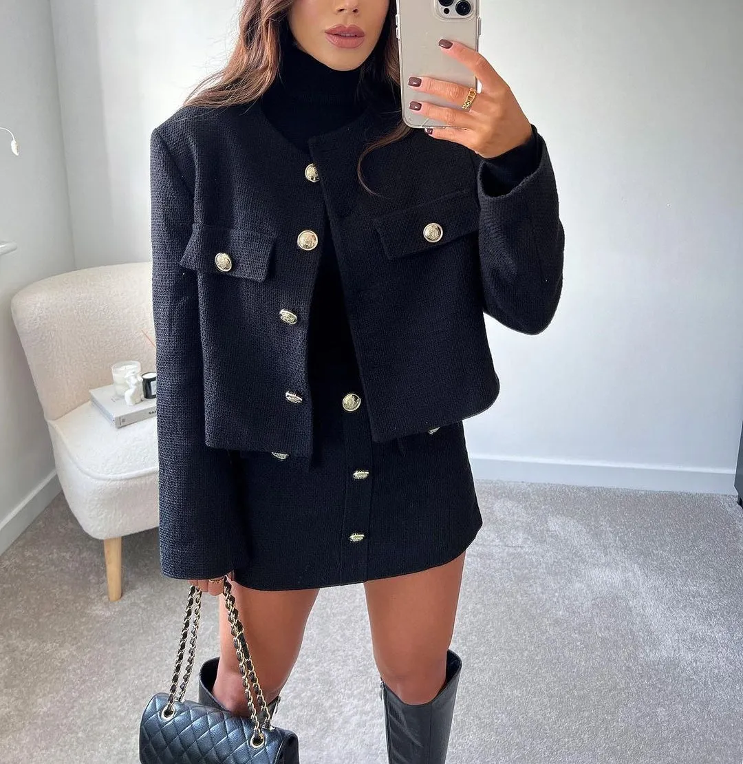 Wjczt 2024 Tweed Women Two-piece Set Black Vintage Office Lady Single Breasted Blazer Female Casual Slim High Waist Shorts Suit