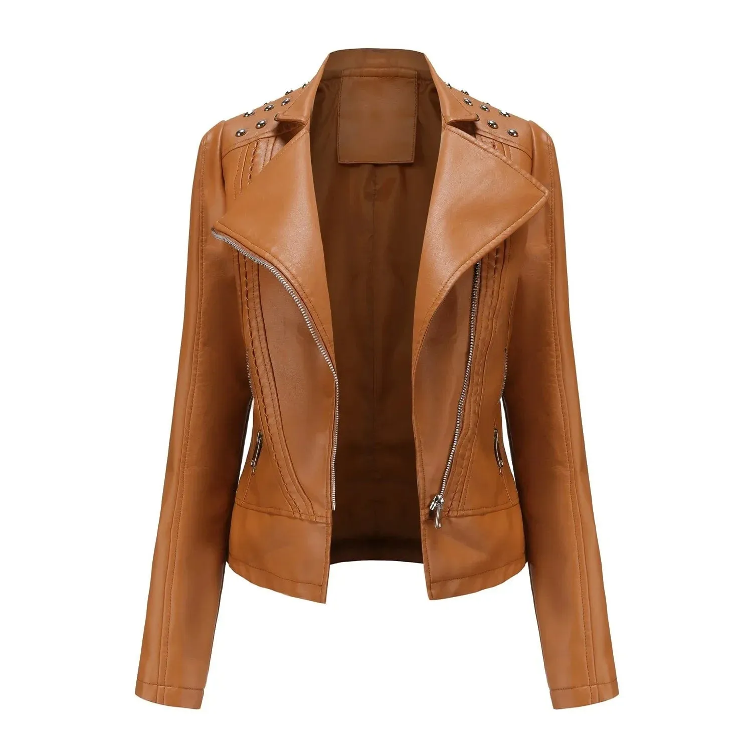 Women Faux Leather Thin  Turn Down Collar Full Casual Splice Short Jacket Slim Fit