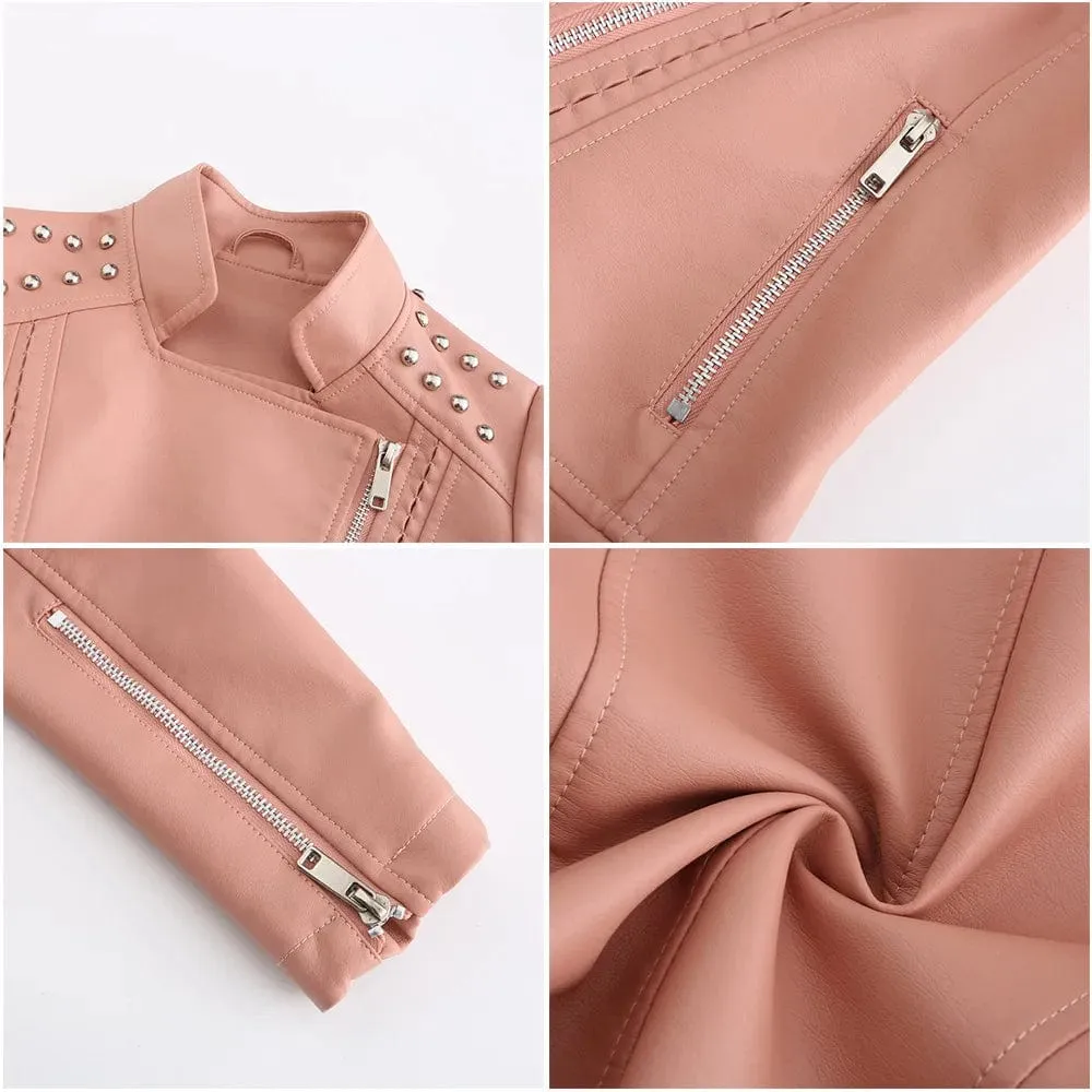 Women Faux Leather Thin  Turn Down Collar Full Casual Splice Short Jacket Slim Fit