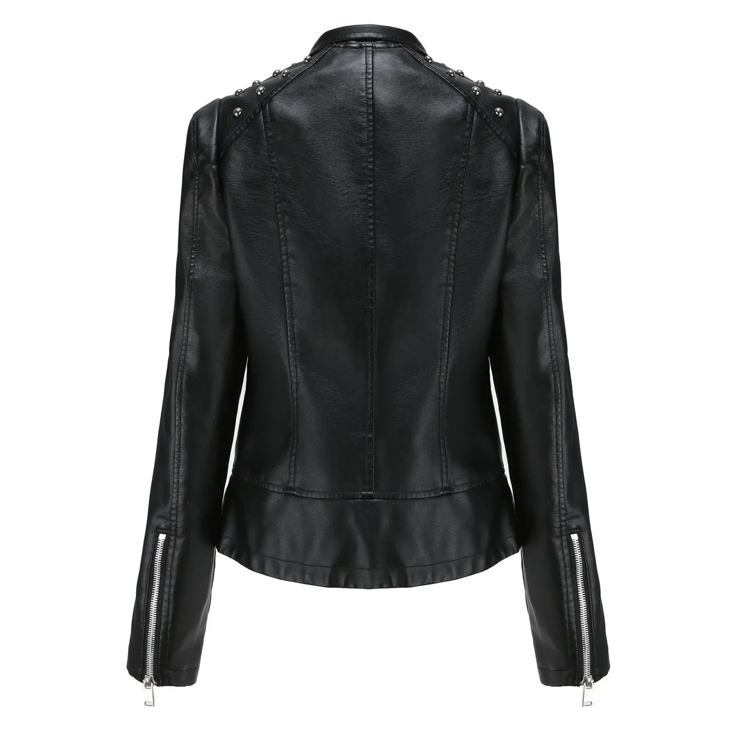 Women Faux Leather Thin  Turn Down Collar Full Casual Splice Short Jacket Slim Fit