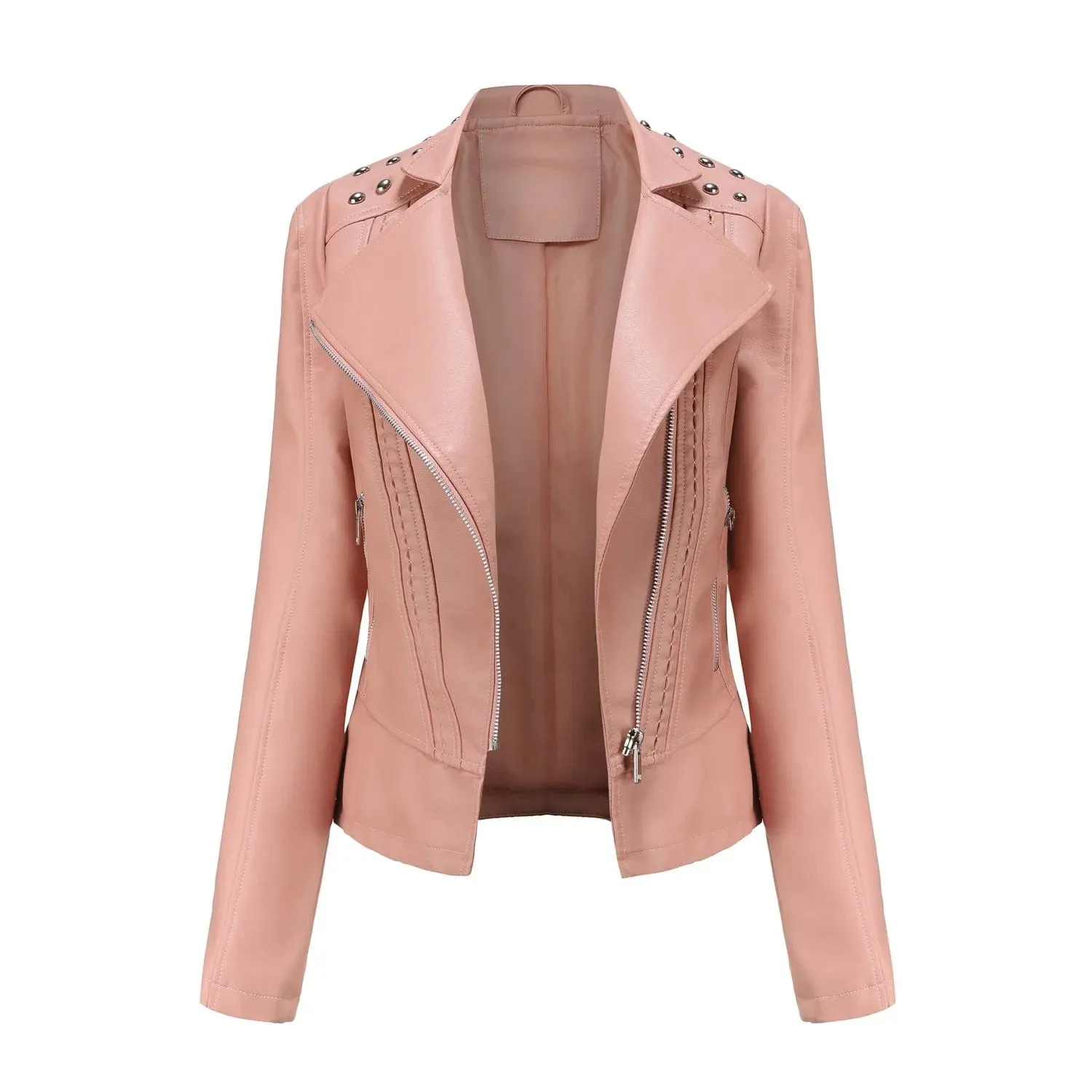 Women Faux Leather Thin  Turn Down Collar Full Casual Splice Short Jacket Slim Fit