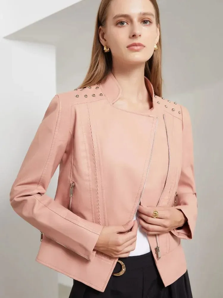 Women Faux Leather Thin  Turn Down Collar Full Casual Splice Short Jacket Slim Fit