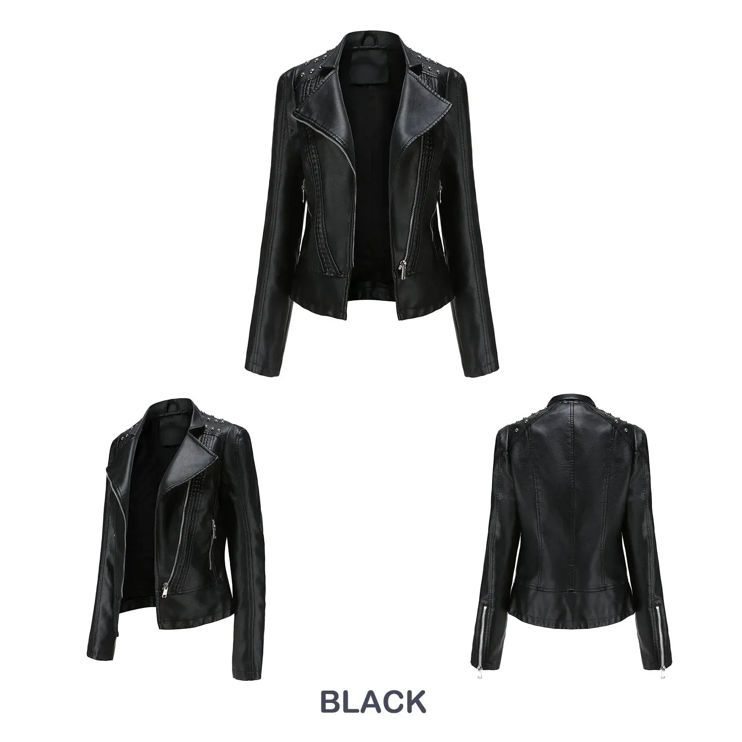 Women Faux Leather Thin  Turn Down Collar Full Casual Splice Short Jacket Slim Fit