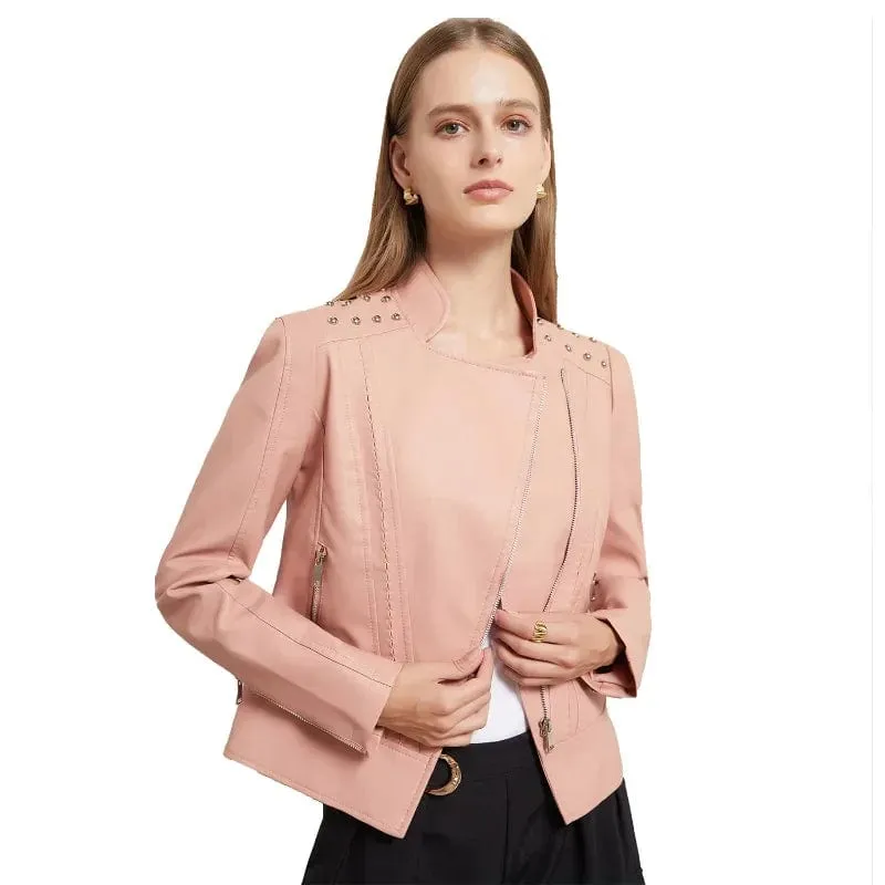 Women Faux Leather Thin  Turn Down Collar Full Casual Splice Short Jacket Slim Fit