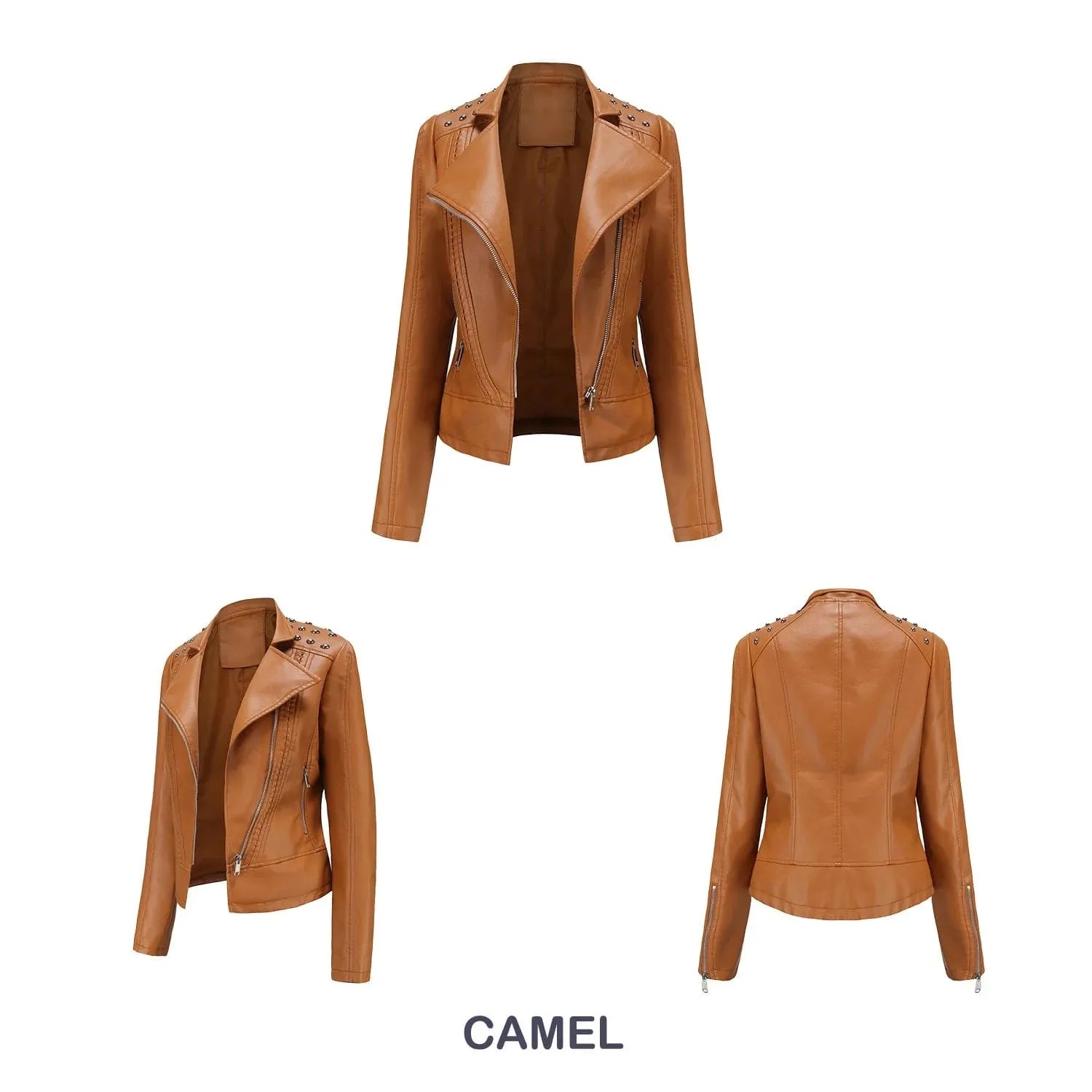 Women Faux Leather Thin  Turn Down Collar Full Casual Splice Short Jacket Slim Fit