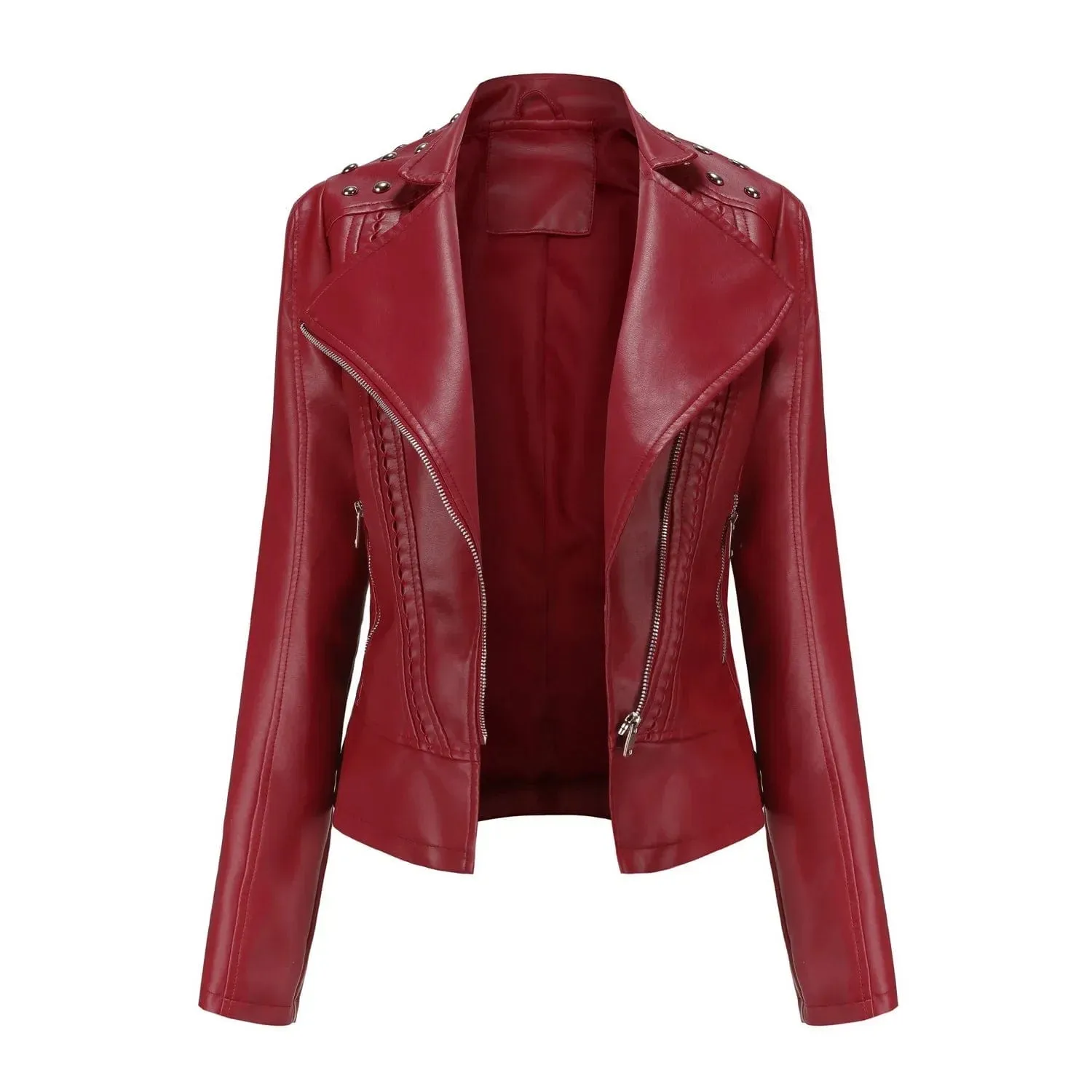 Women Faux Leather Thin  Turn Down Collar Full Casual Splice Short Jacket Slim Fit