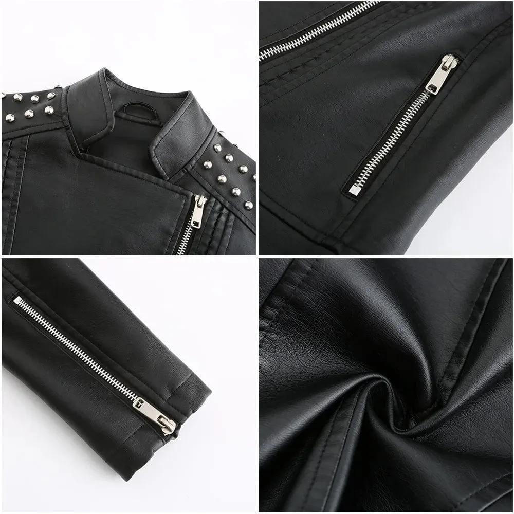 Women Faux Leather Thin  Turn Down Collar Full Casual Splice Short Jacket Slim Fit