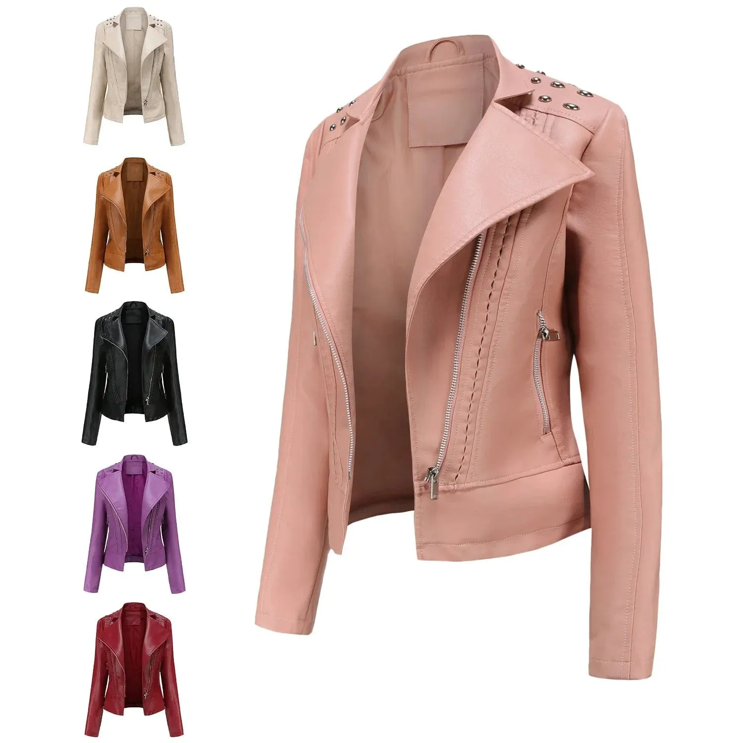 Women Faux Leather Thin  Turn Down Collar Full Casual Splice Short Jacket Slim Fit