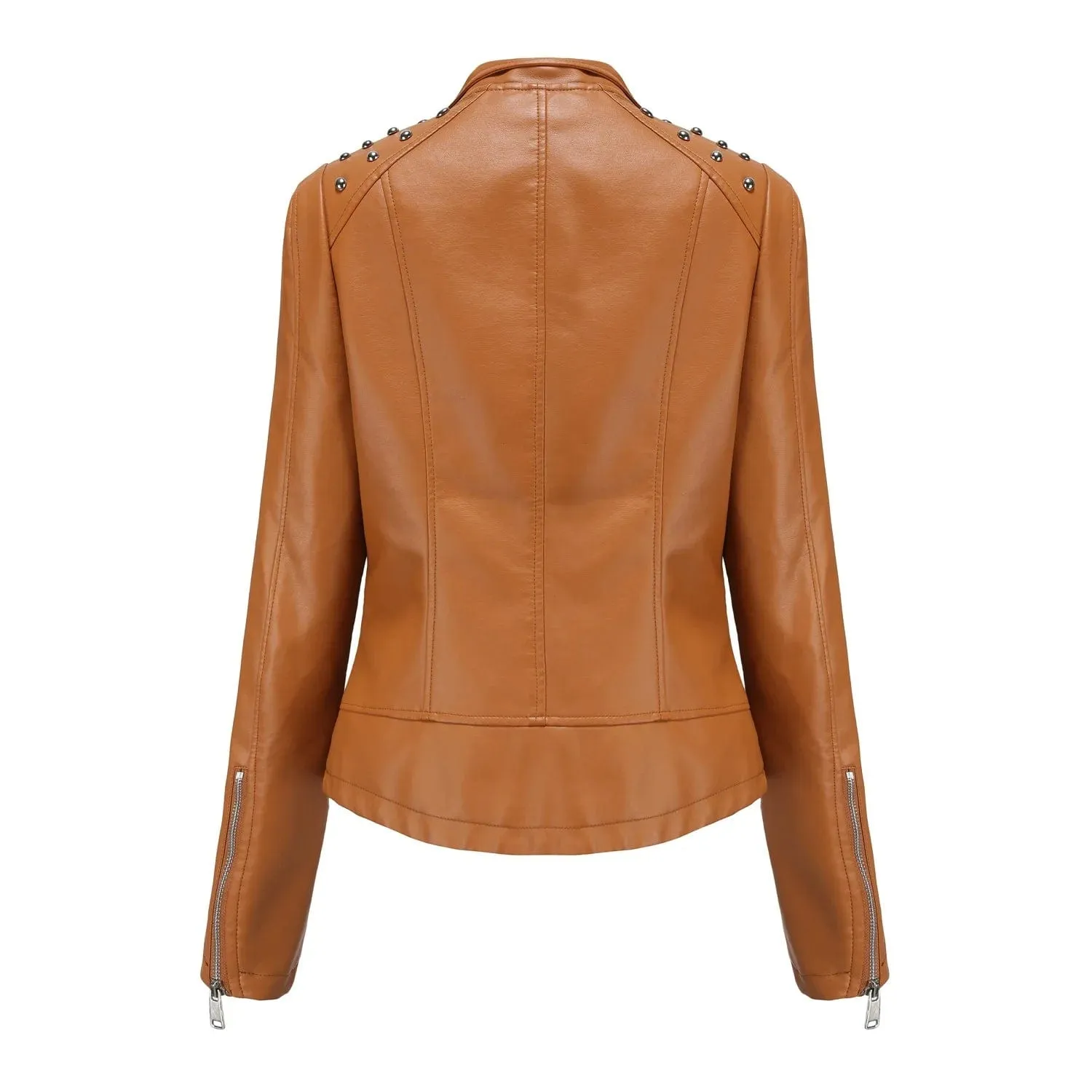 Women Faux Leather Thin  Turn Down Collar Full Casual Splice Short Jacket Slim Fit