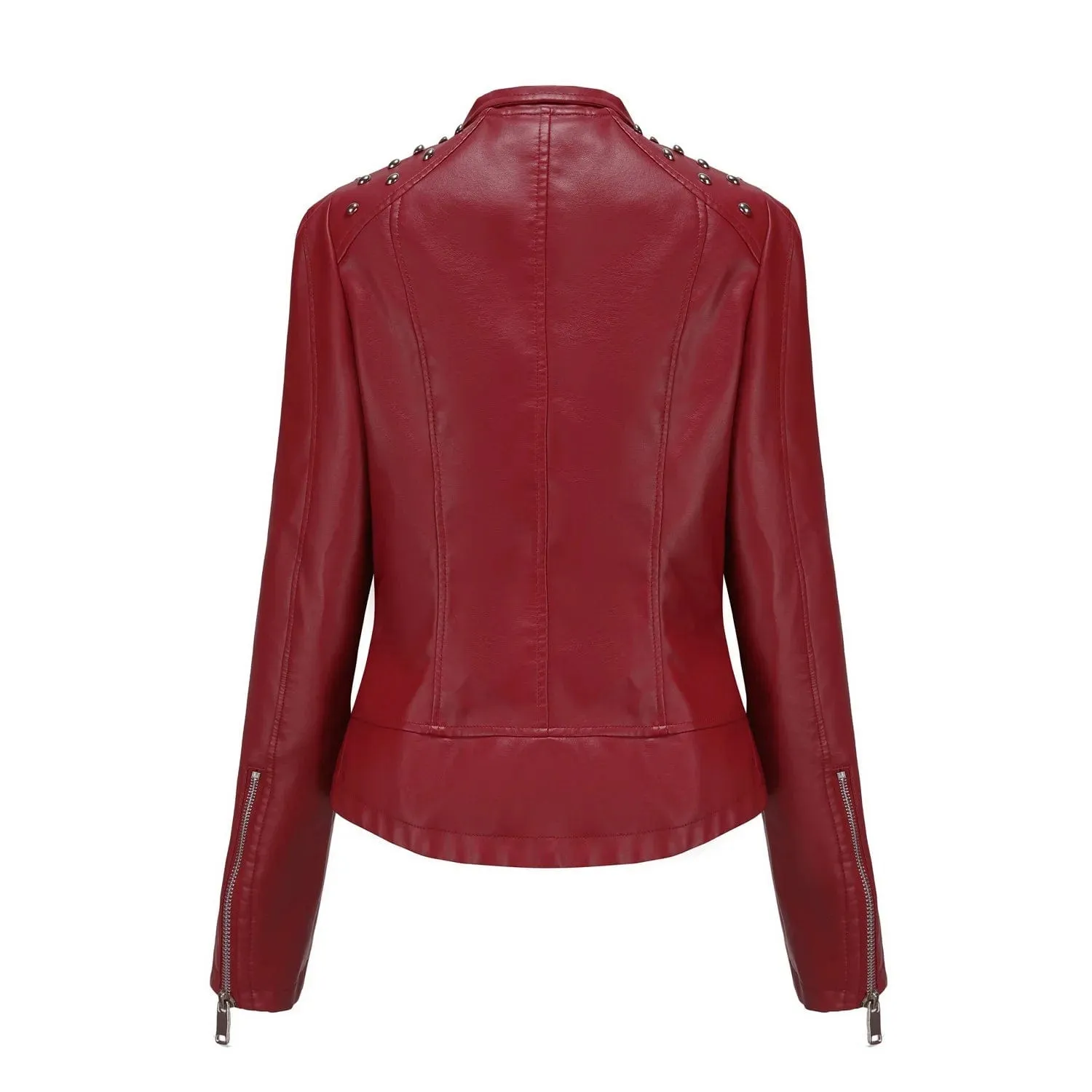 Women Faux Leather Thin  Turn Down Collar Full Casual Splice Short Jacket Slim Fit