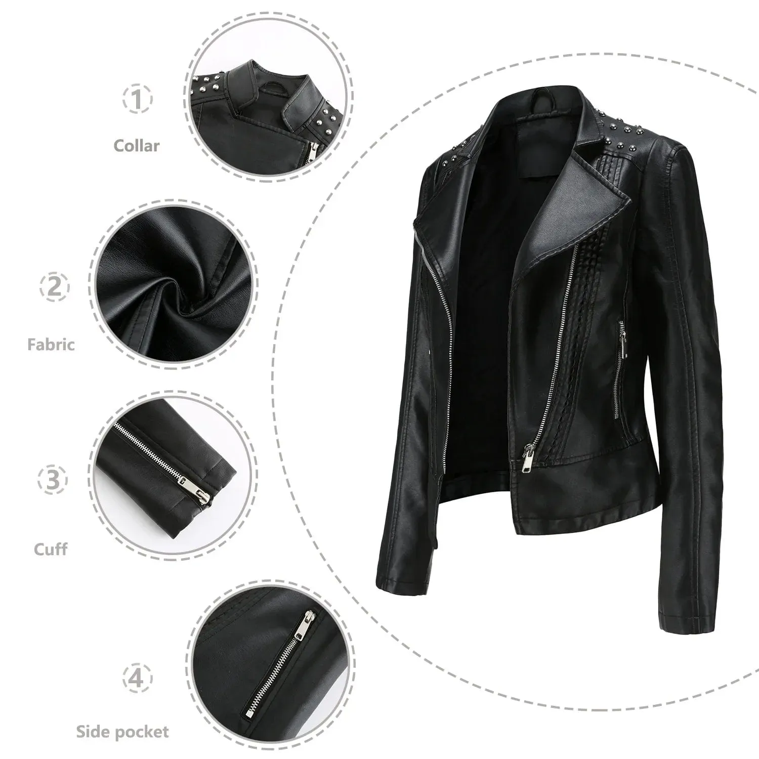 Women Faux Leather Thin  Turn Down Collar Full Casual Splice Short Jacket Slim Fit