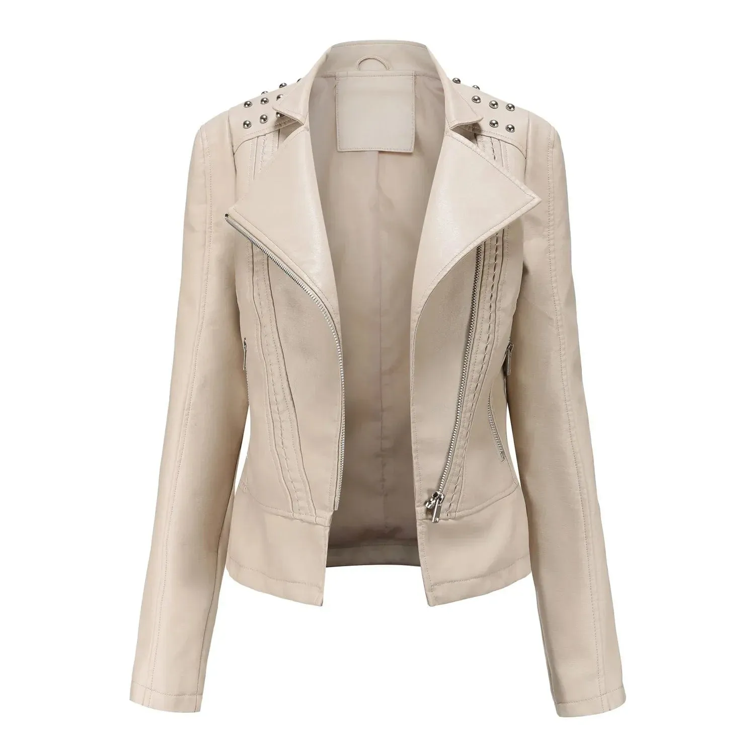 Women Faux Leather Thin  Turn Down Collar Full Casual Splice Short Jacket Slim Fit