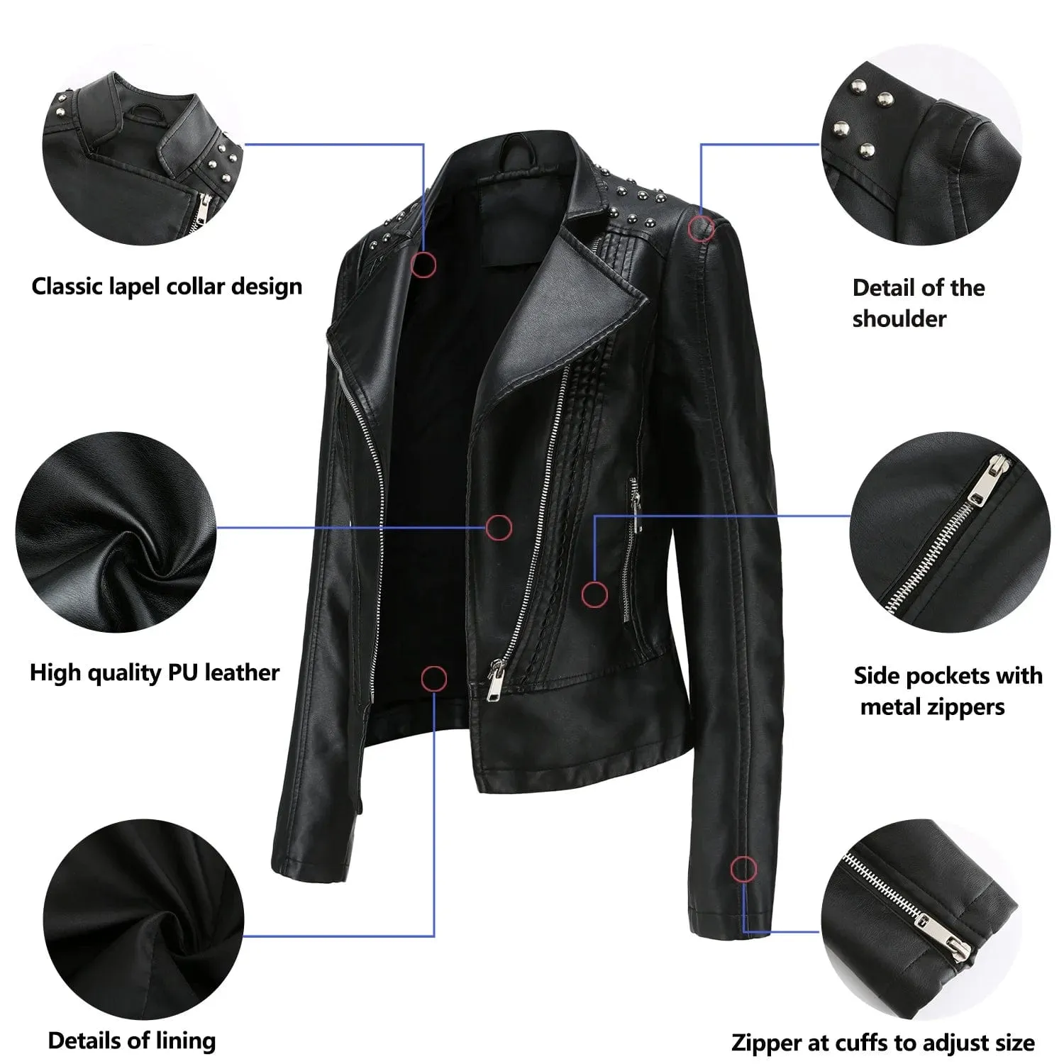 Women Faux Leather Thin  Turn Down Collar Full Casual Splice Short Jacket Slim Fit