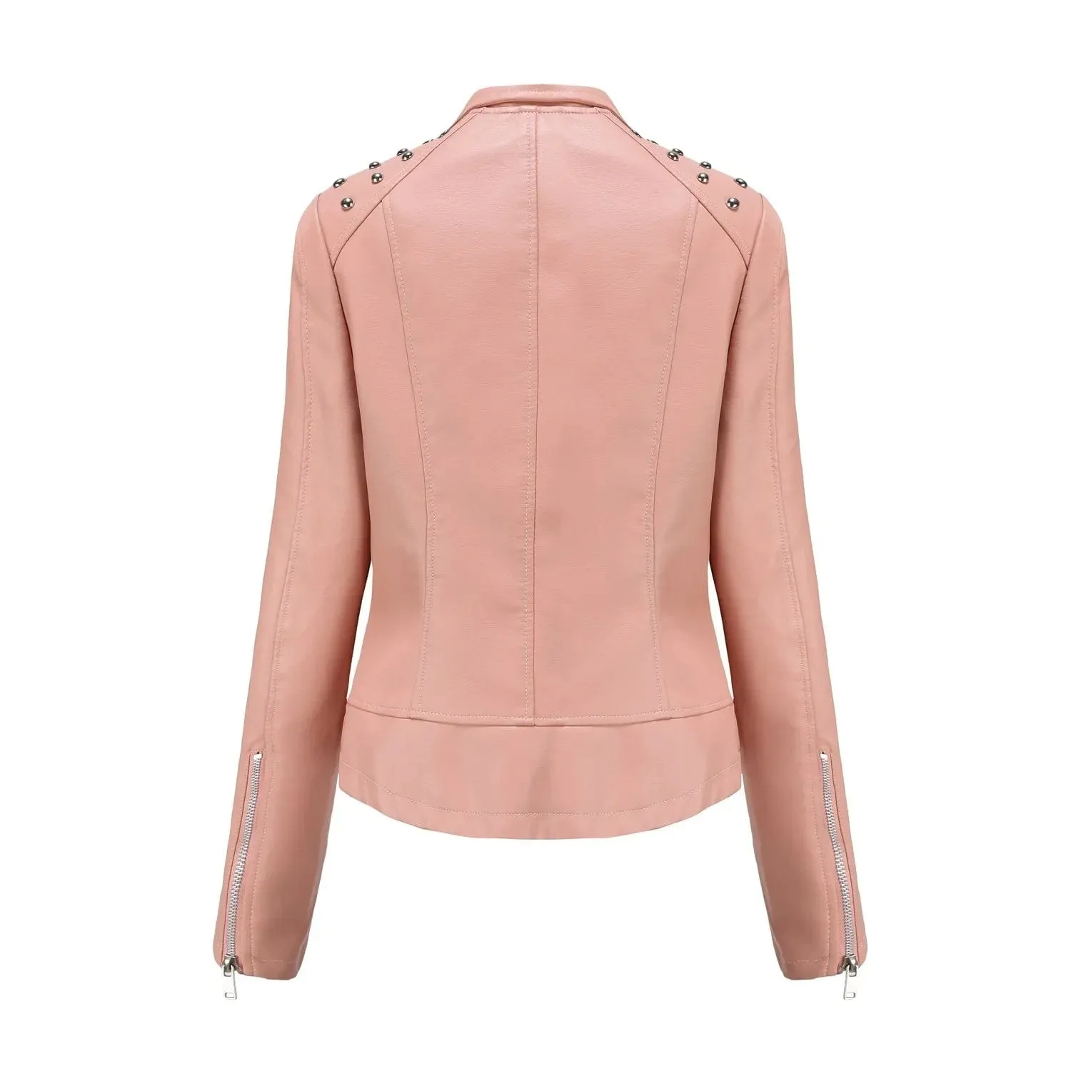 Women Faux Leather Thin  Turn Down Collar Full Casual Splice Short Jacket Slim Fit