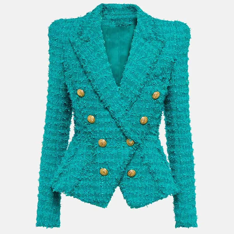 Women Turquoise Tweed Golden Buttons Fitted Blazer   Mid- Waist Shorts Suit / Party Suit / Wedding Suit