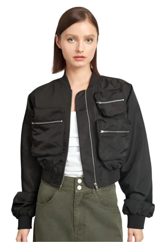 Womens Cropped Bomber Jackets Black Brown