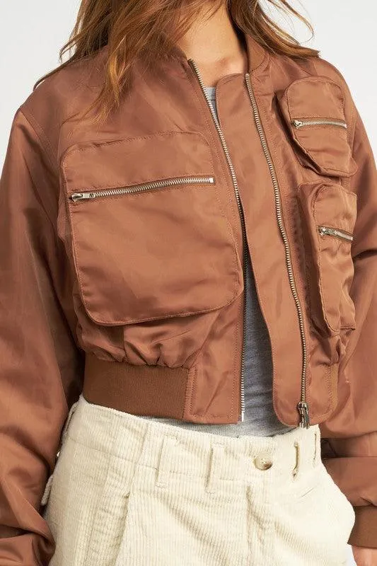 Womens Cropped Bomber Jackets Black Brown