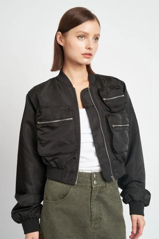 Womens Cropped Bomber Jackets Black Brown