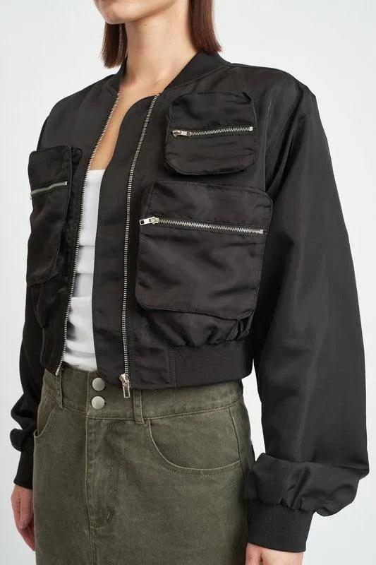 Womens Cropped Bomber Jackets Black Brown